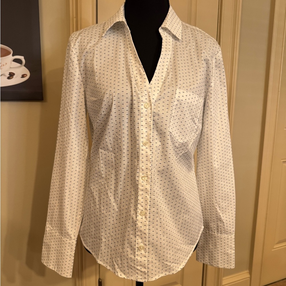 Classic Woman’s White with Navy Pattern Button-Up Shirt with Micro Pattern
